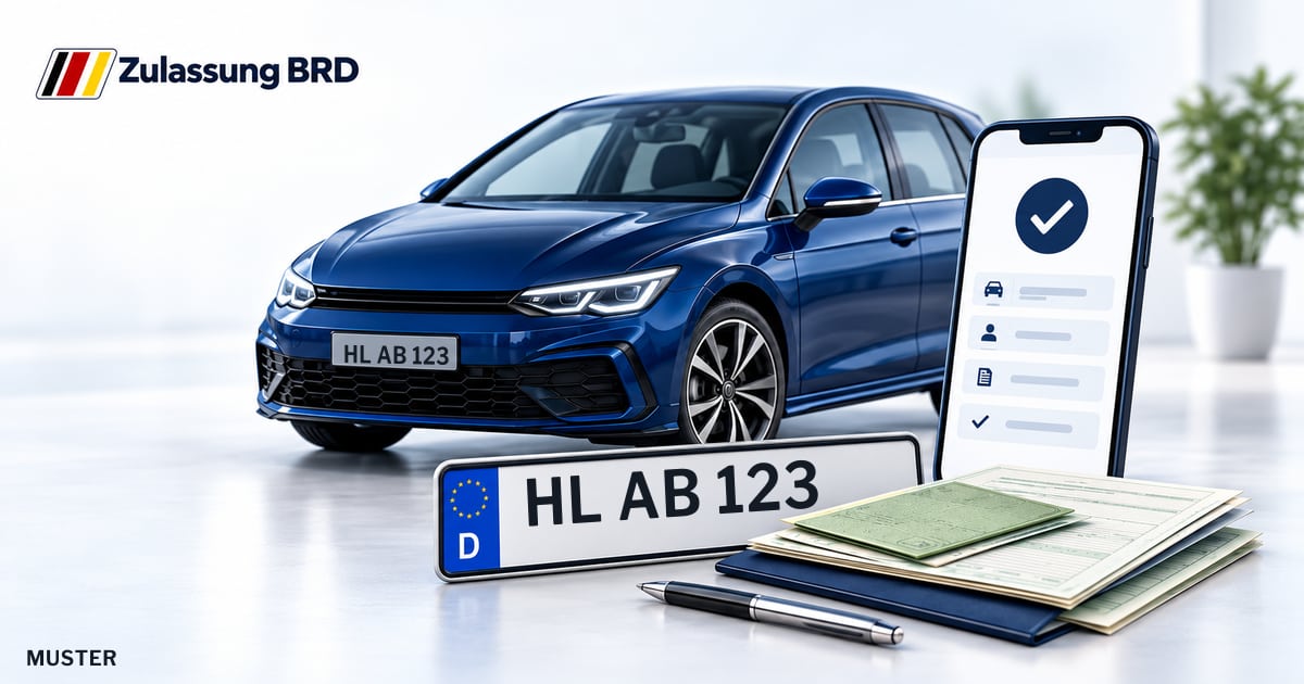 Online Fahrzeugzulassung in Lübeck: Musterkennzeichen HL AB 123, Auto und Fahrzeugpapiere und Smartphone. Illustration mit Logo von Zulassung BRD.